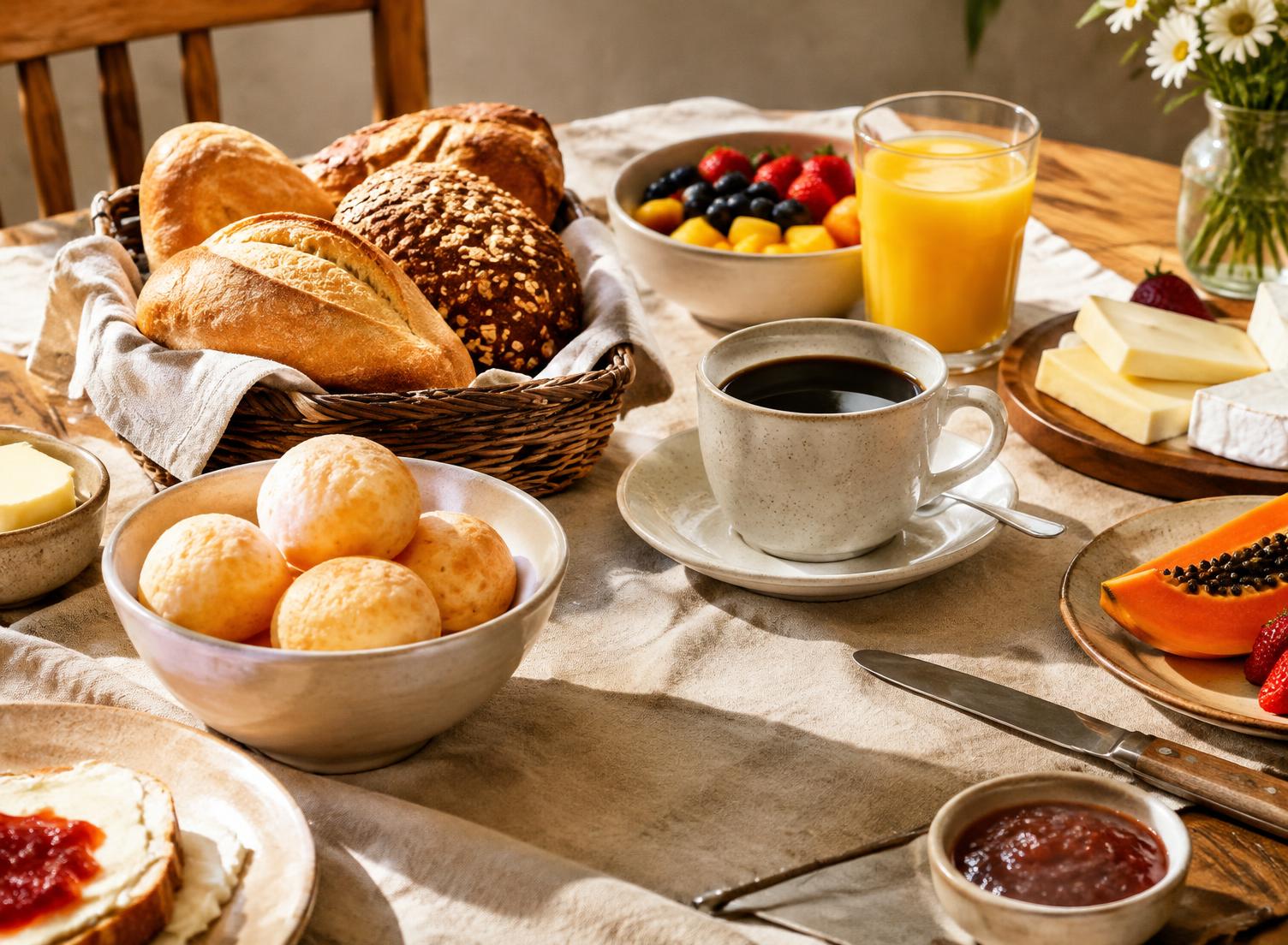 Mesa de café da manhã com pães, frutas e café (imagem ilustrativa)